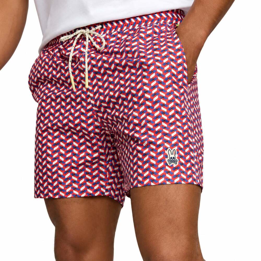 Psycho Bunny Swim Trunks Geometric Red Blue White